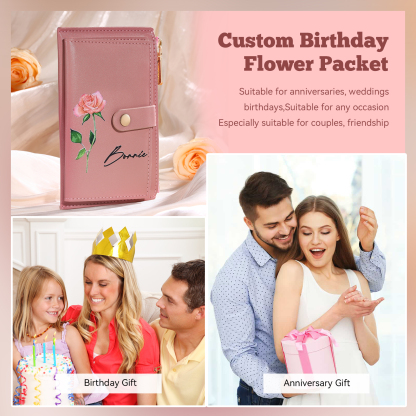 Personalised Women's Leather Wallet Custom Birthday Flower & Name Zipper Wallet Gift for Her-Jessemade AU