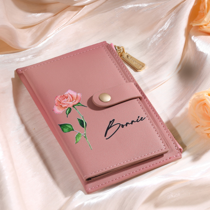 Personalised Women's Leather Wallet Custom Birthday Flower & Name Zipper Wallet Gift for Her-Jessemade AU