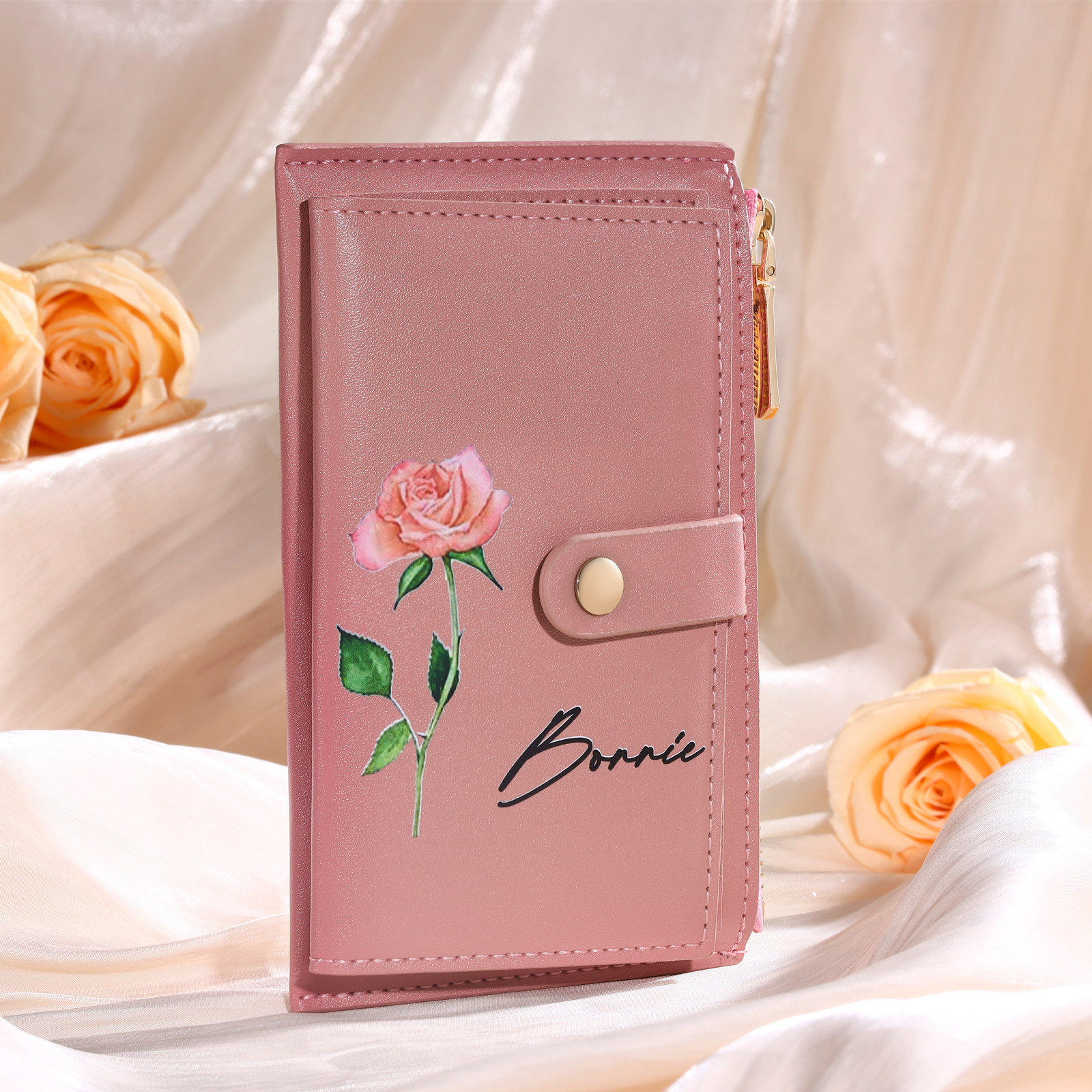 Personalised Women's Leather Wallet Custom Birthday Flower & Name Zipper Wallet Gift for Her-Jessemade AU