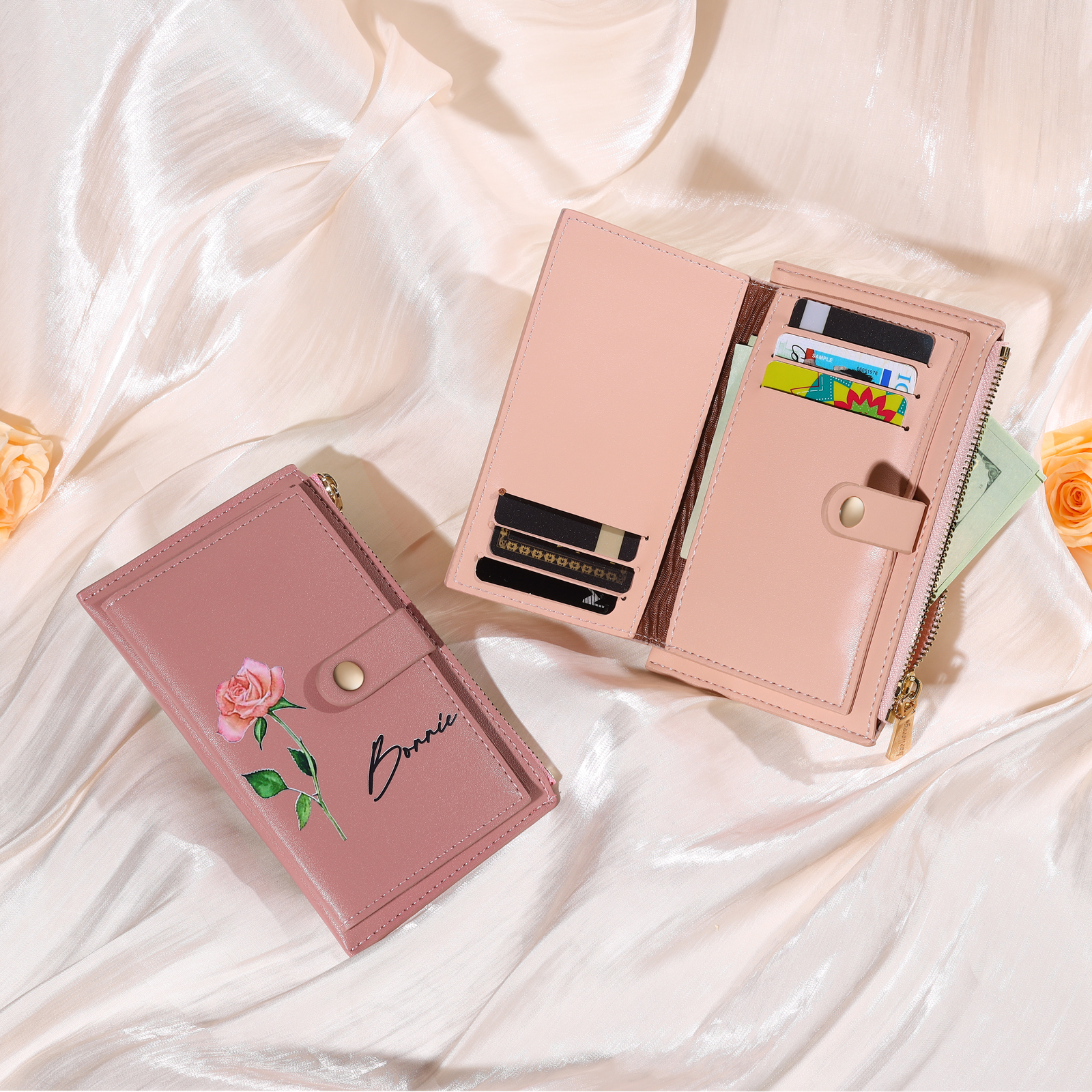 Personalised Women's Leather Wallet Custom Birthday Flower & Name Zipper Wallet Gift for Her-Jessemade AU