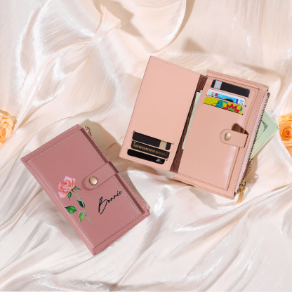Personalised Women's Leather Wallet Custom Birthday Flower & Name Zipper Wallet Gift for Her-Jessemade AU