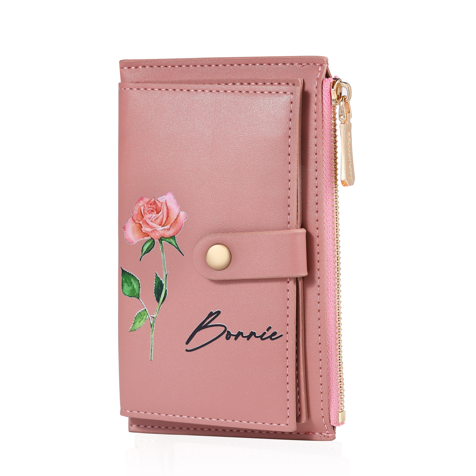 Personalised Women's Leather Wallet Custom Birthday Flower & Name Zipper Wallet Gift for Her
