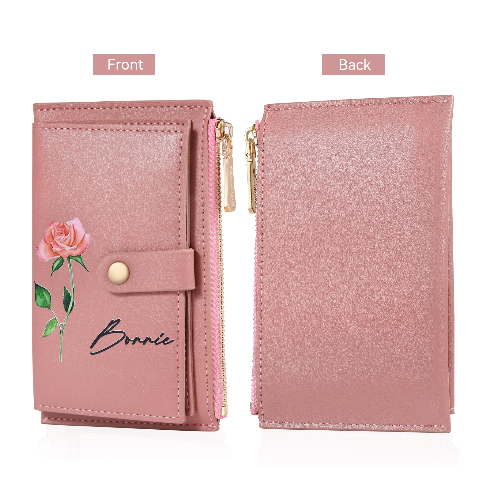 Personalised Women's Leather Wallet Custom Birthday Flower & Name Zipper Wallet Gift for Her-Jessemade AU