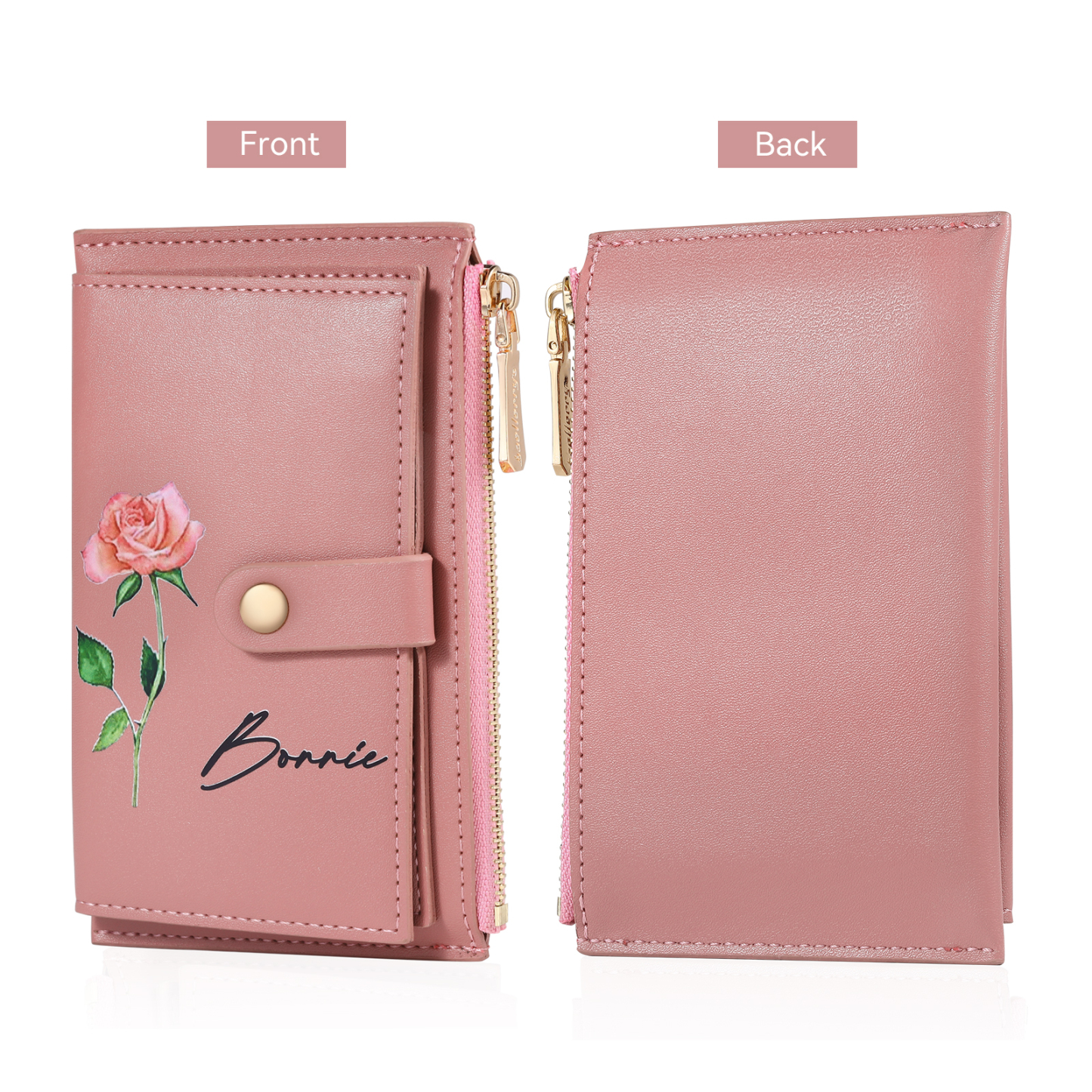 Personalised Women's Leather Wallet Custom Birthday Flower & Name Zipper Wallet Gift for Her-Jessemade AU