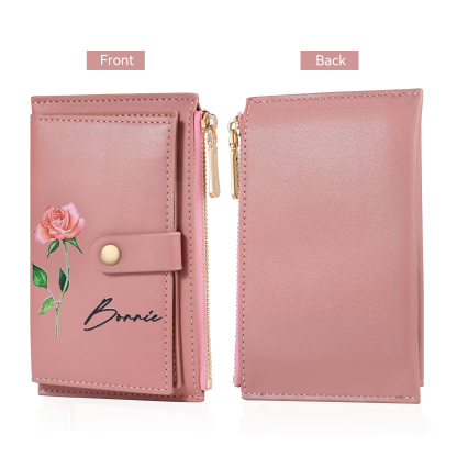Personalised Women's Leather Wallet Custom Birthday Flower & Name Zipper Wallet Gift for Her-Jessemade AU