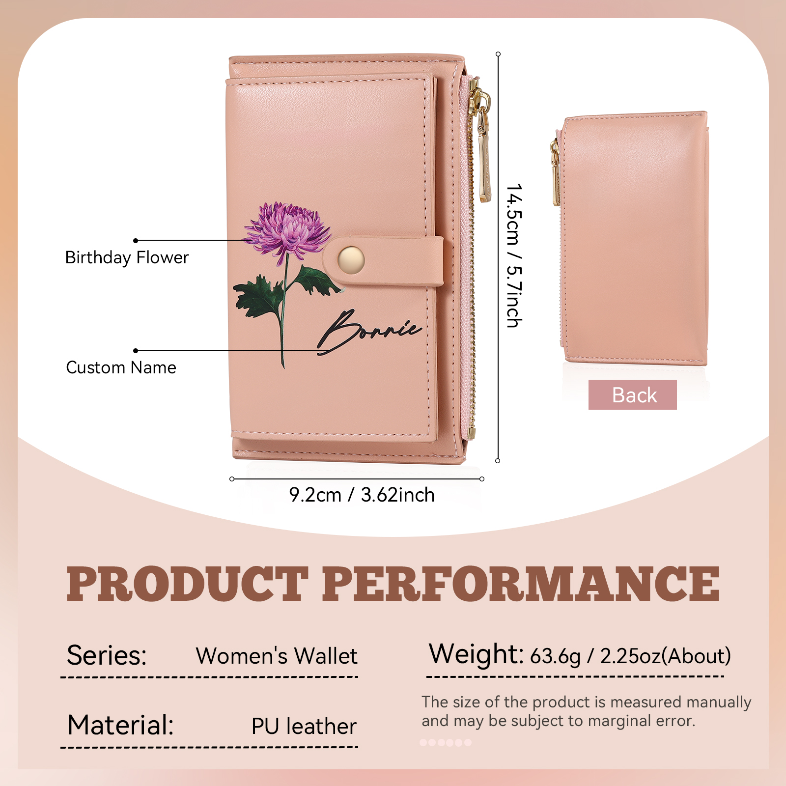 Personalised Women's Leather Wallet Custom Birthday Flower & Name Zipper Wallet Gift for Her-Jessemade AU