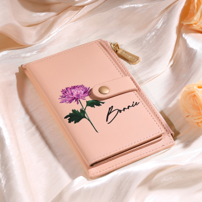 Personalised Women's Leather Wallet Custom Birthday Flower & Name Zipper Wallet Gift for Her-Jessemade AU