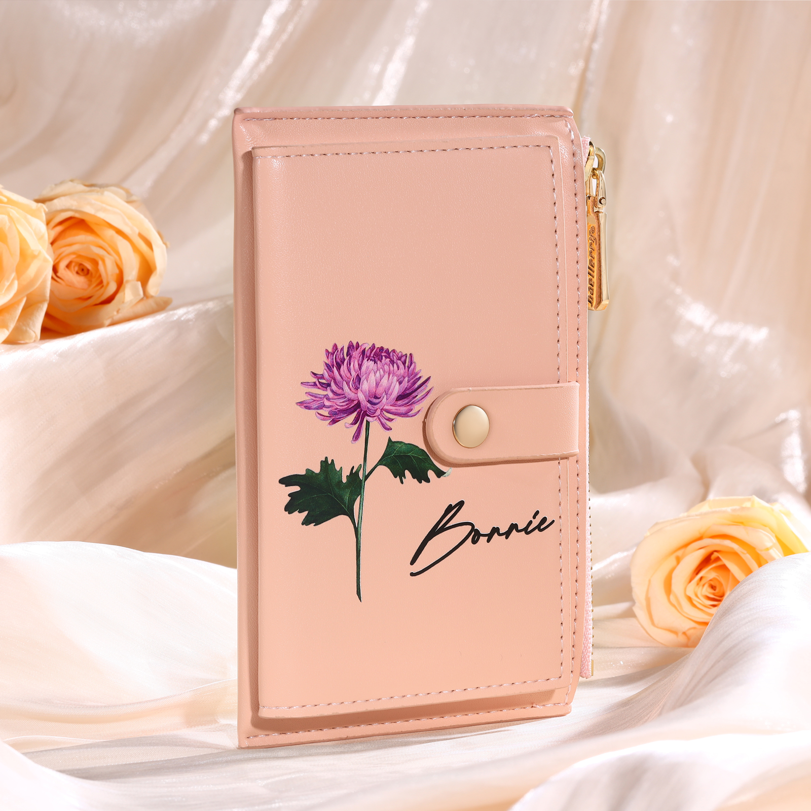 Personalised Women's Leather Wallet Custom Birthday Flower & Name Zipper Wallet Gift for Her-Jessemade AU