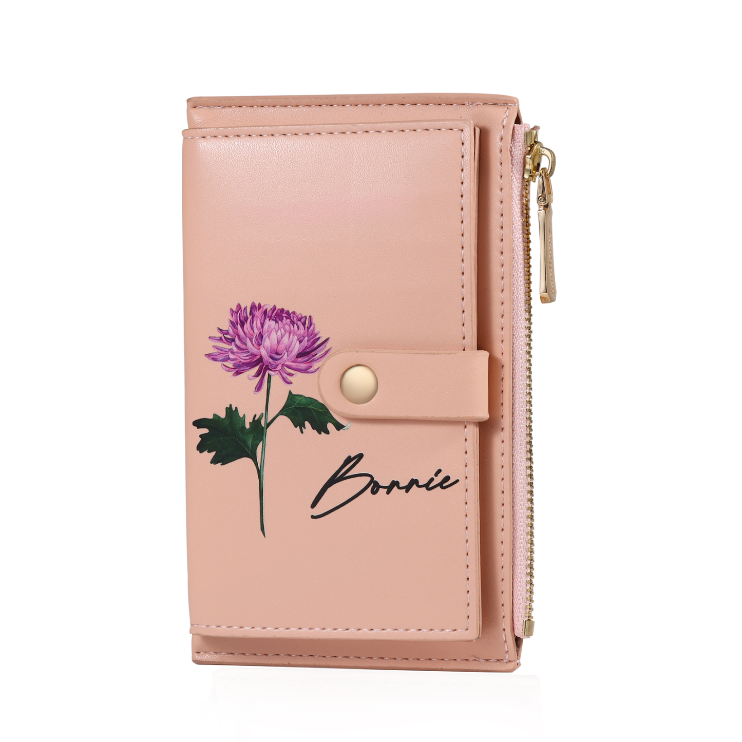 Personalised Women's Leather Wallet Custom Birthday Flower & Name Zipper Wallet Gift for Her-Jessemade AU
