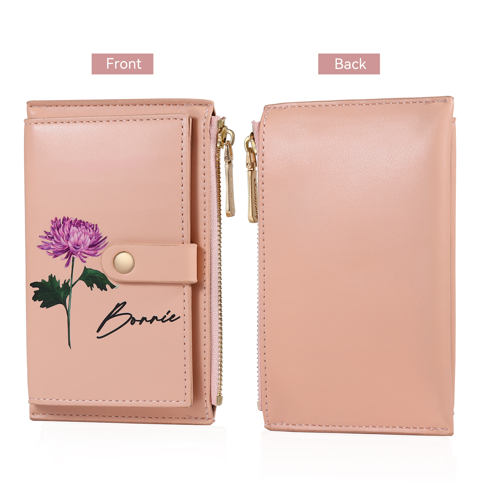 Personalised Women's Leather Wallet Custom Birthday Flower & Name Zipper Wallet Gift for Her-Jessemade AU