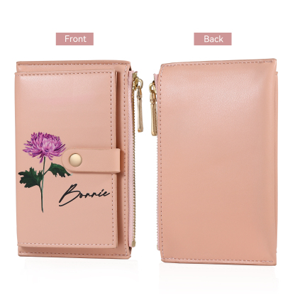 Personalised Women's Leather Wallet Custom Birthday Flower & Name Zipper Wallet Gift for Her-Jessemade AU
