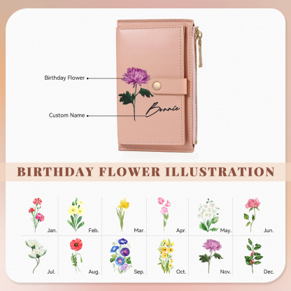 Personalised Women's Leather Wallet Custom Birthday Flower & Name Zipper Wallet Gift for Her-Jessemade AU