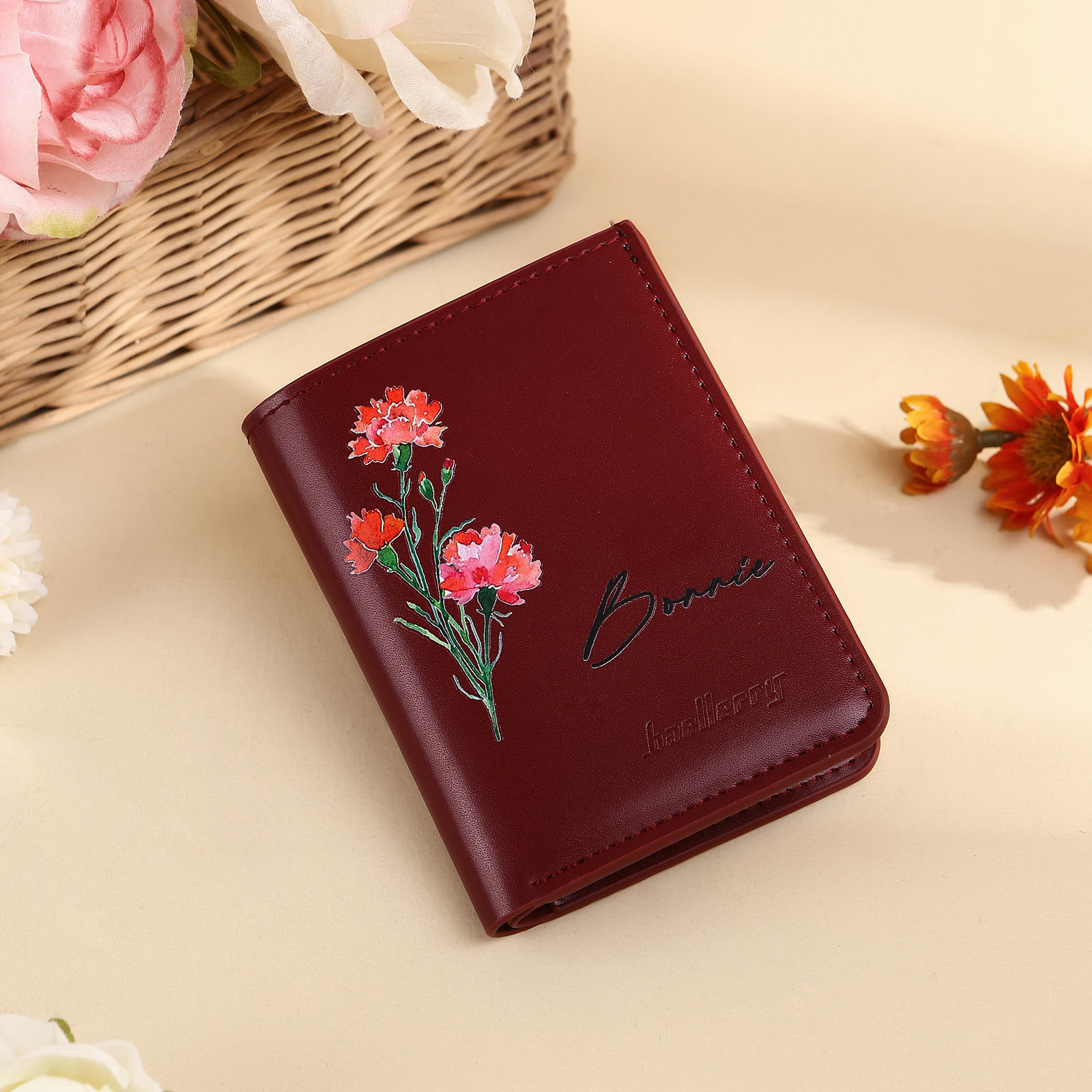 Personalised Women's Leather Wallet Custom Birthday Flower & Name Billfold Wallet Gift for Her-Jessemade AU