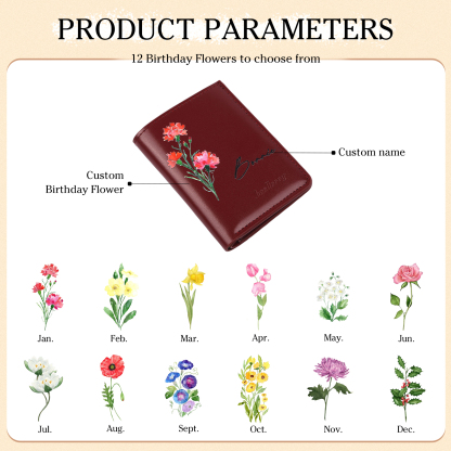 Personalised Women's Leather Wallet Custom Birthday Flower & Name Billfold Wallet Gift for Her-Jessemade AU