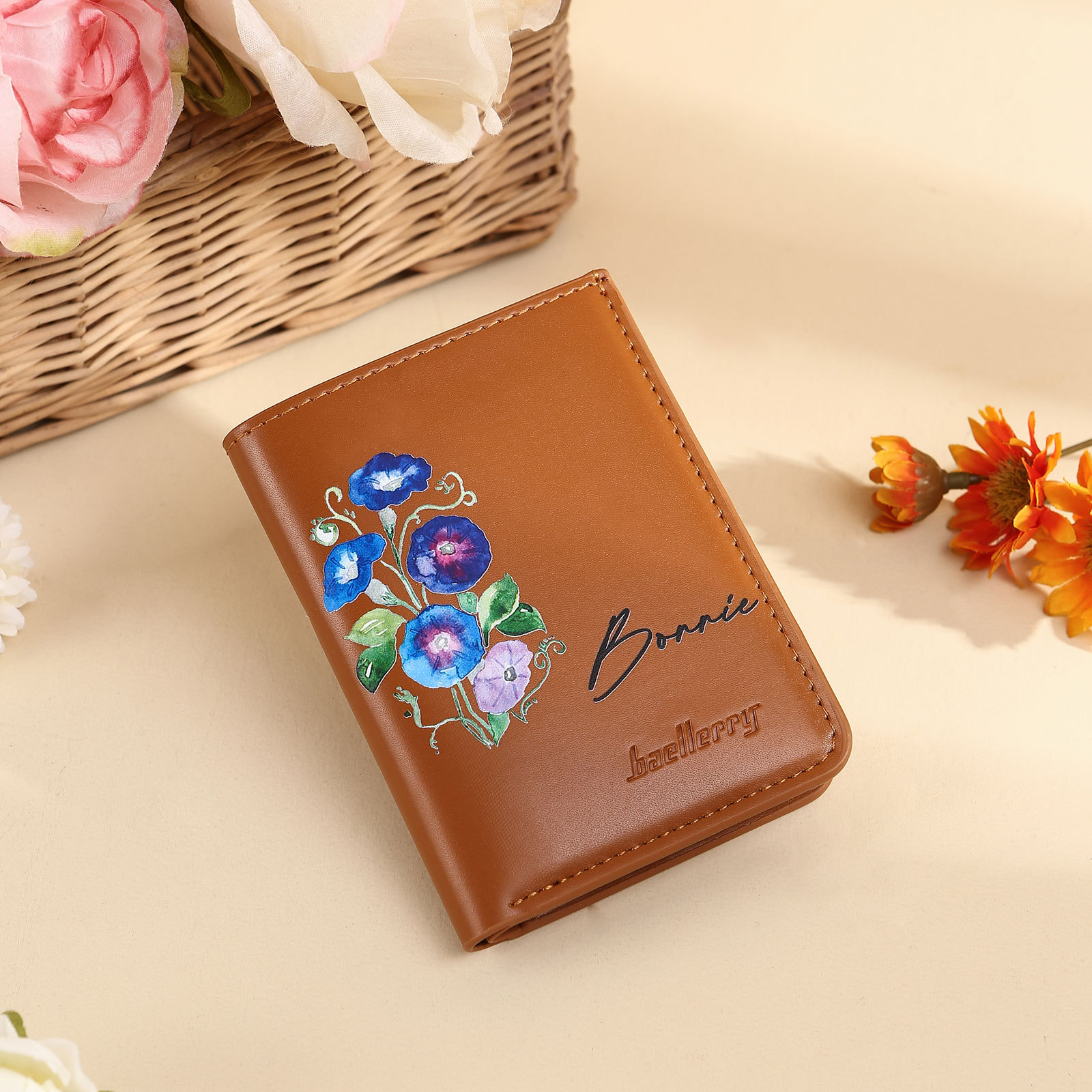 Personalised Women's Leather Wallet Custom Birthday Flower & Name Billfold Wallet Gift for Her-Jessemade AU