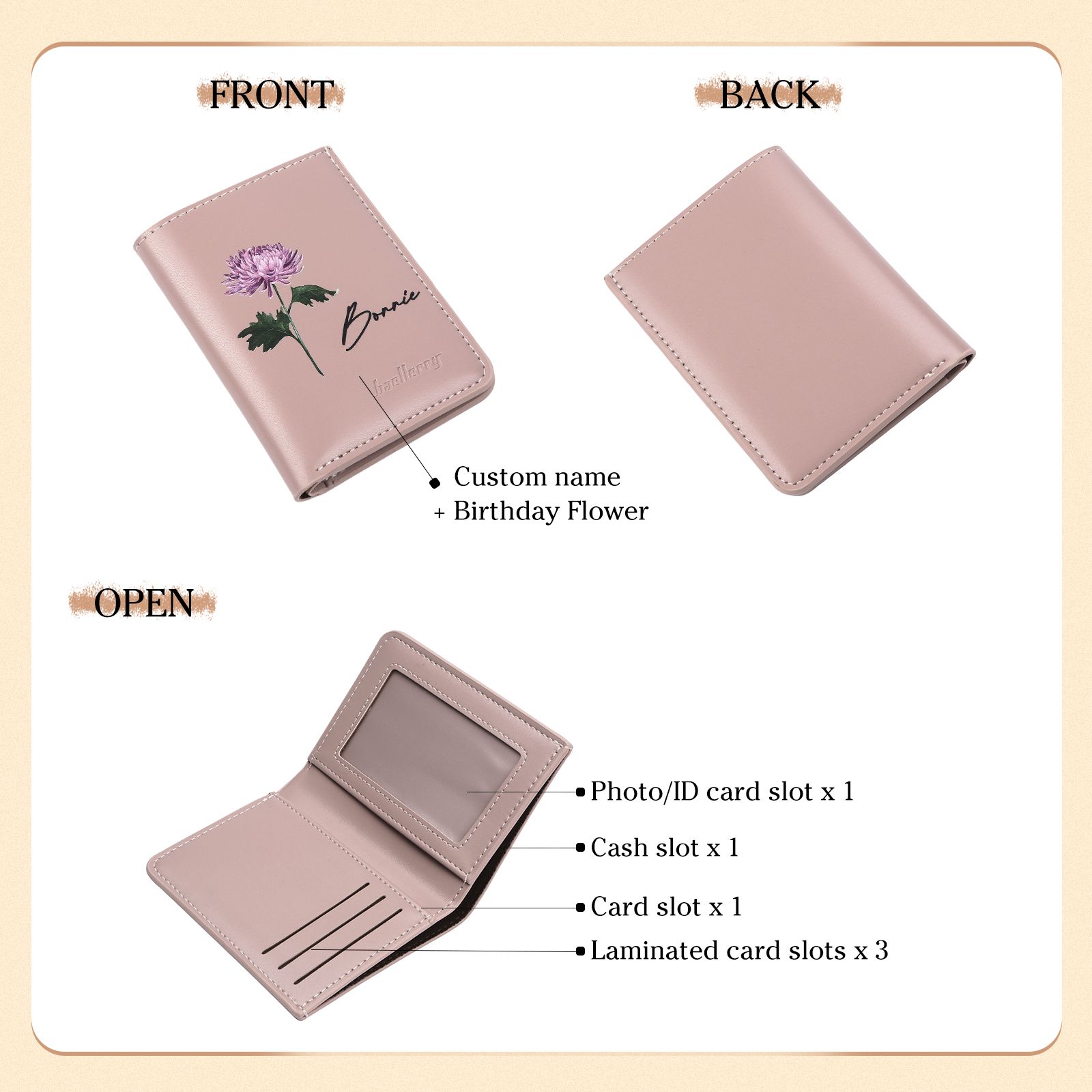Personalised Women's Leather Wallet Custom Birthday Flower & Name Billfold Wallet Gift for Her-Jessemade AU