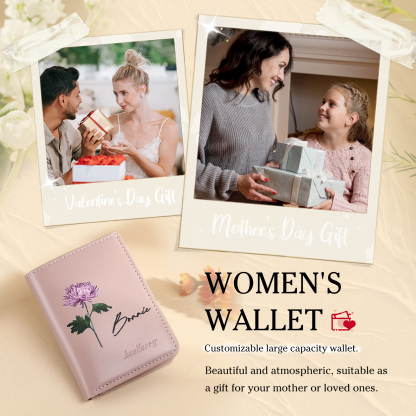 Personalised Women's Leather Wallet Custom Birthday Flower & Name Billfold Wallet Gift for Her-Jessemade AU