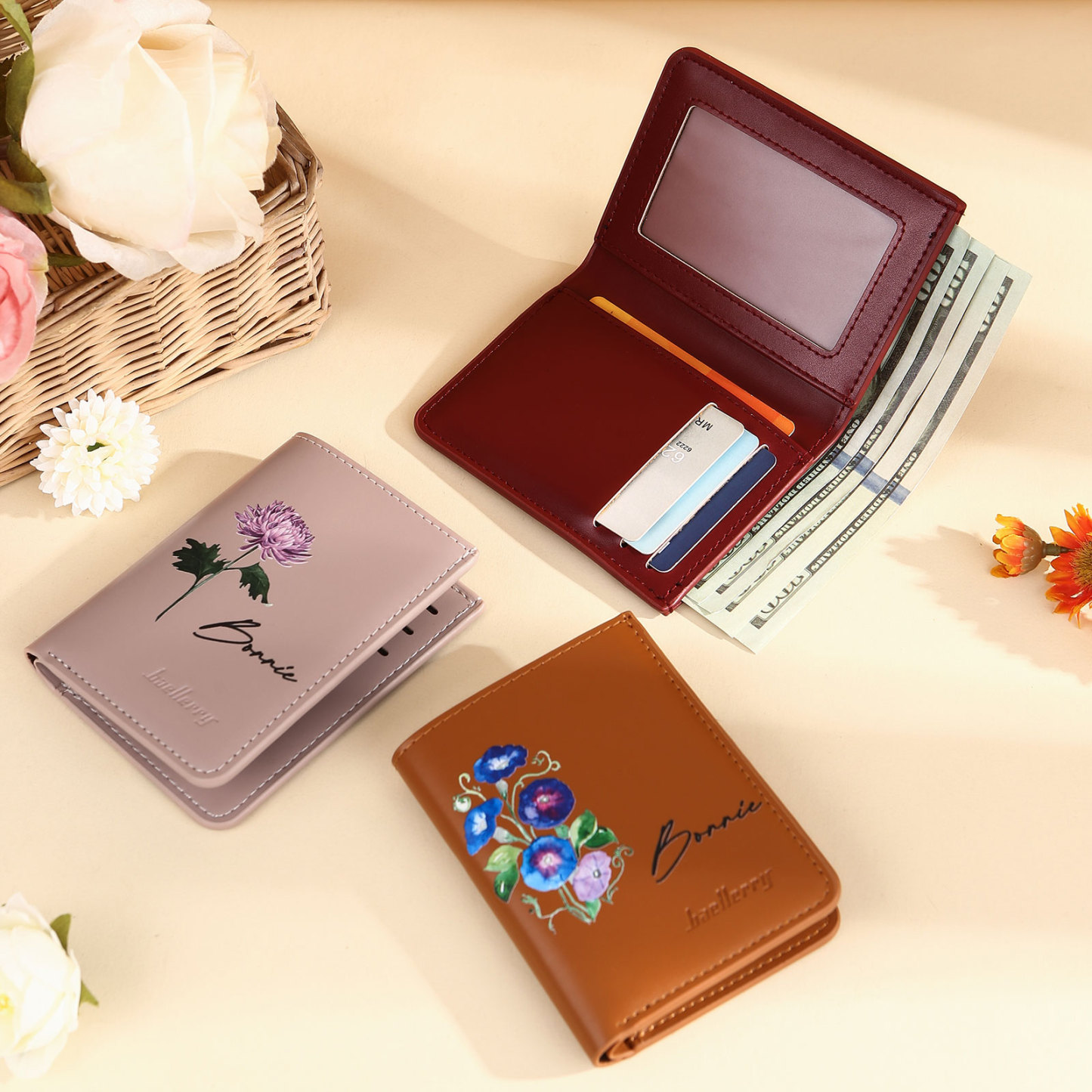Personalised Women's Leather Wallet Custom Birthday Flower & Name Billfold Wallet Gift for Her-Jessemade AU