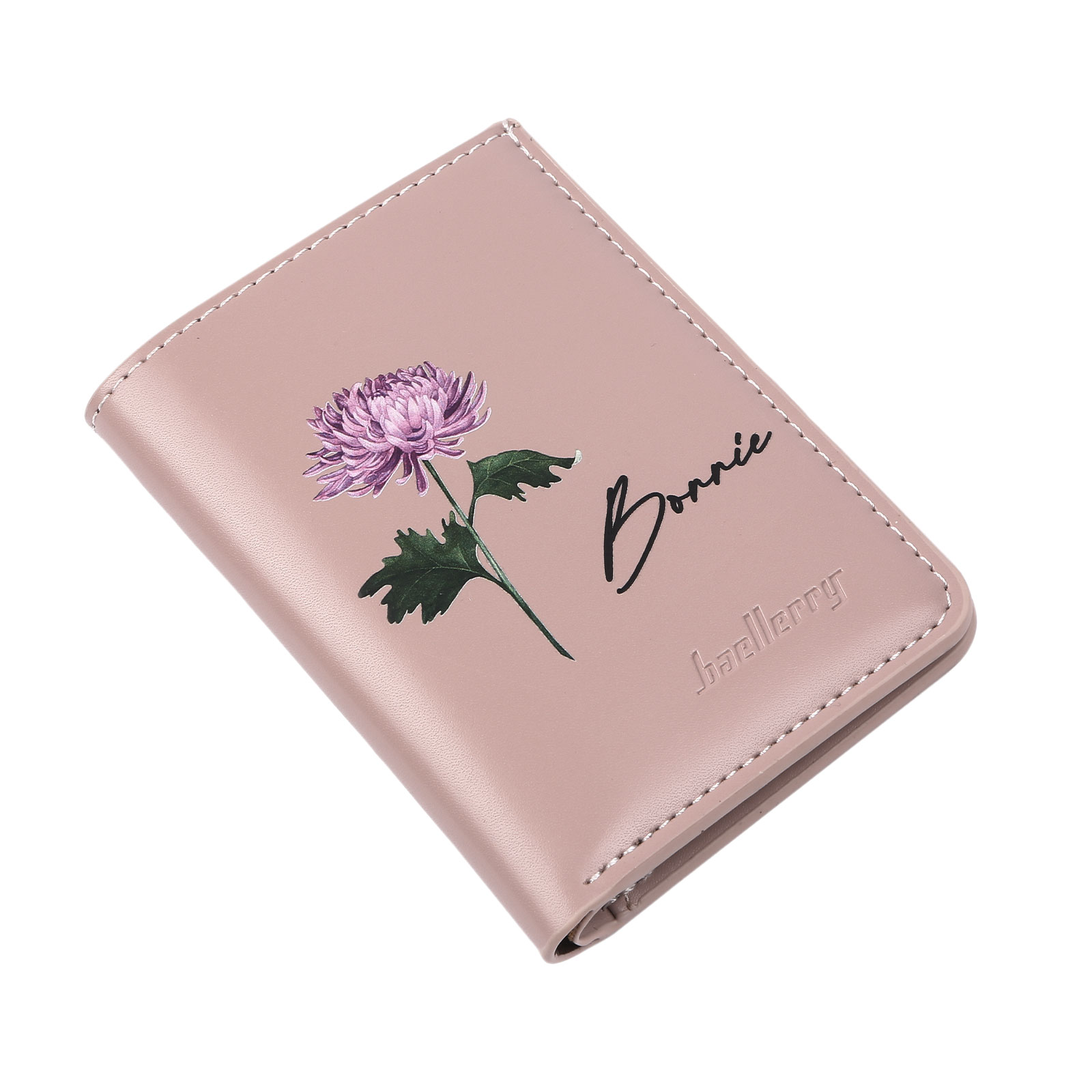 Personalised Women's Leather Wallet Custom Birthday Flower & Name Billfold Wallet Gift for Her