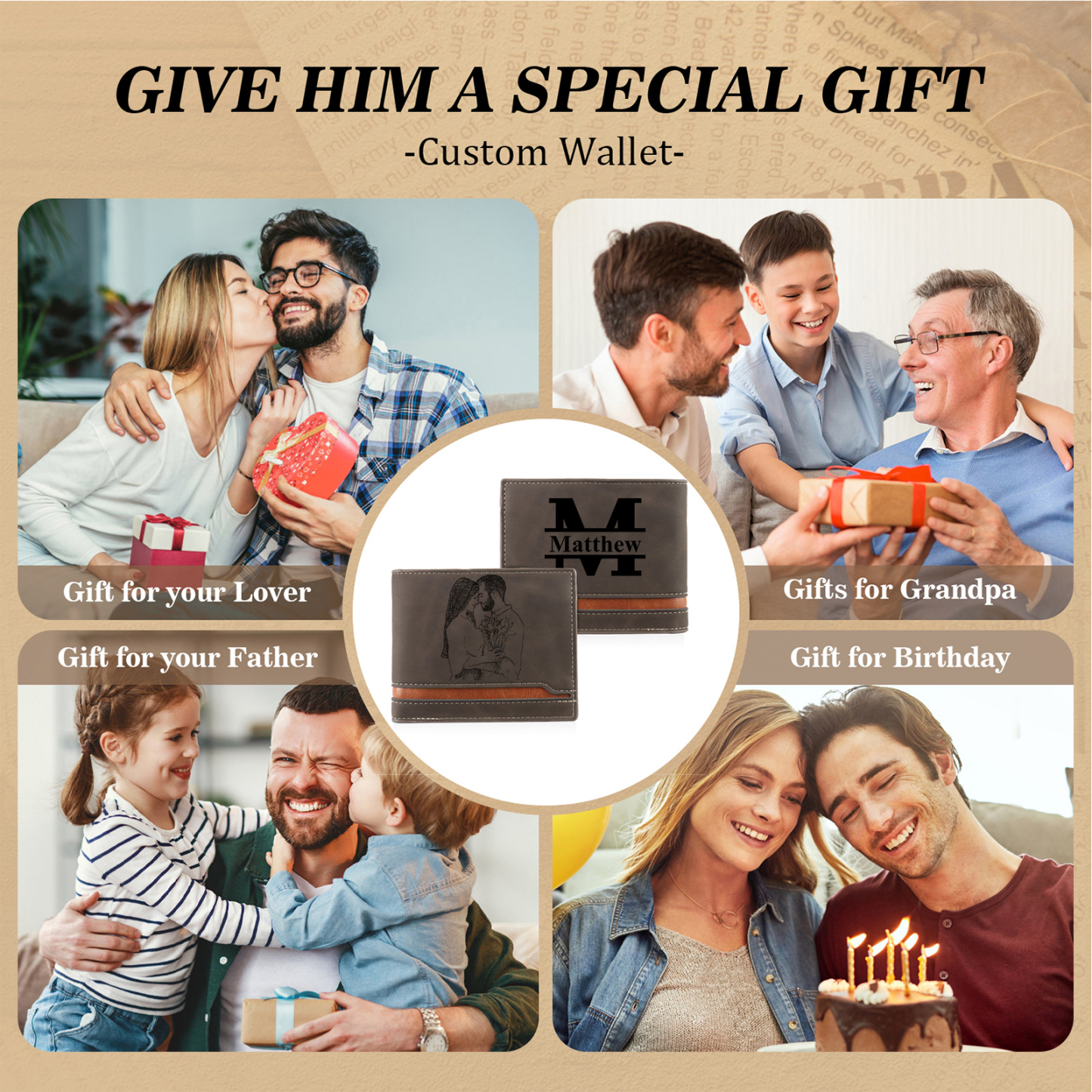 Personalised Gift Set for Him Custom Wallet Stainless Steel Photo Keychain Pen Elegant Gift Box
