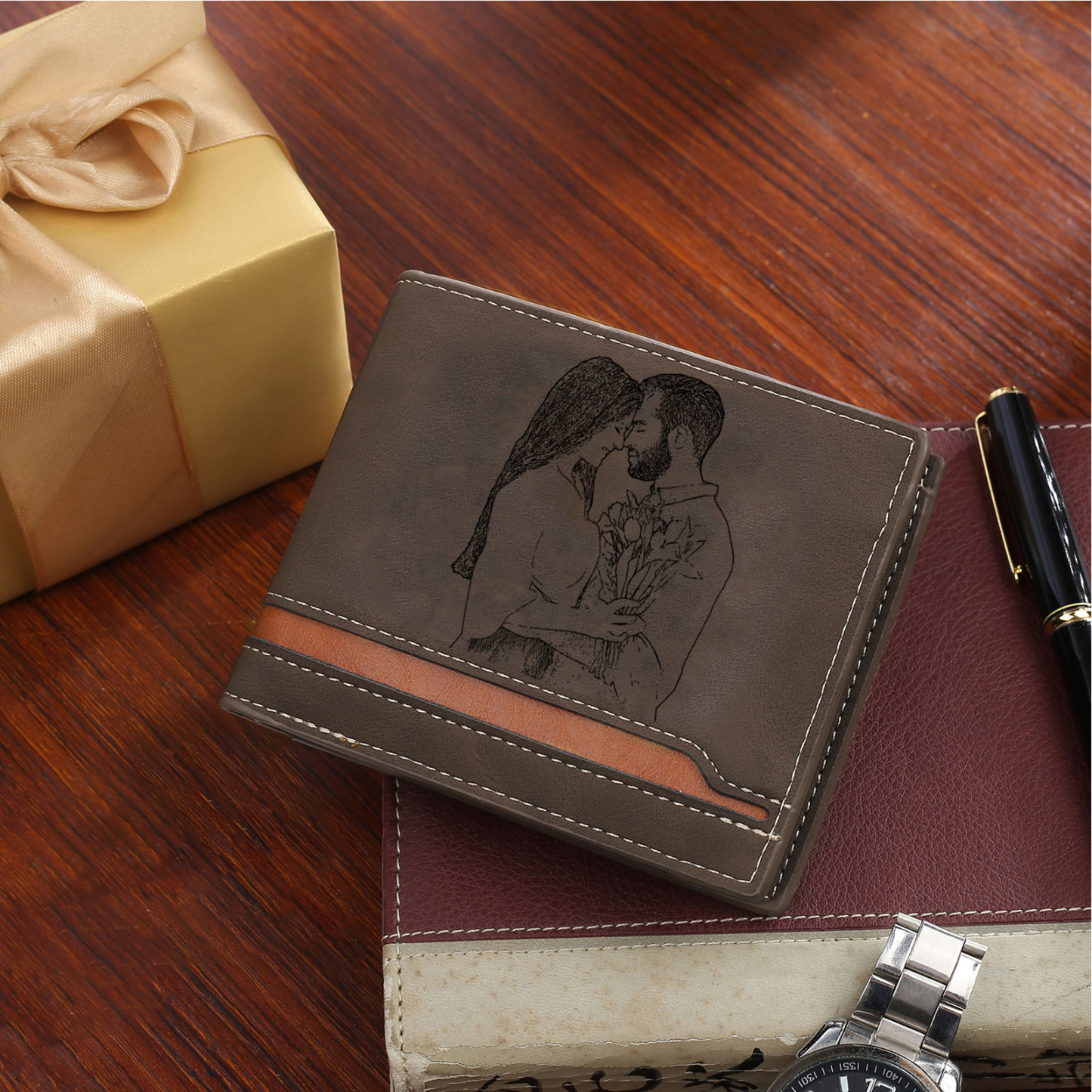 Personalised Gift Set for Him Custom Wallet Stainless Steel Photo Keychain Pen Elegant Gift Box