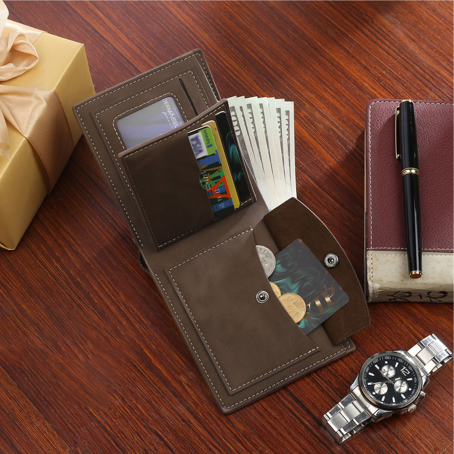 Personalised Gift Set for Him Custom Wallet Stainless Steel Photo Keychain Pen Elegant Gift Box