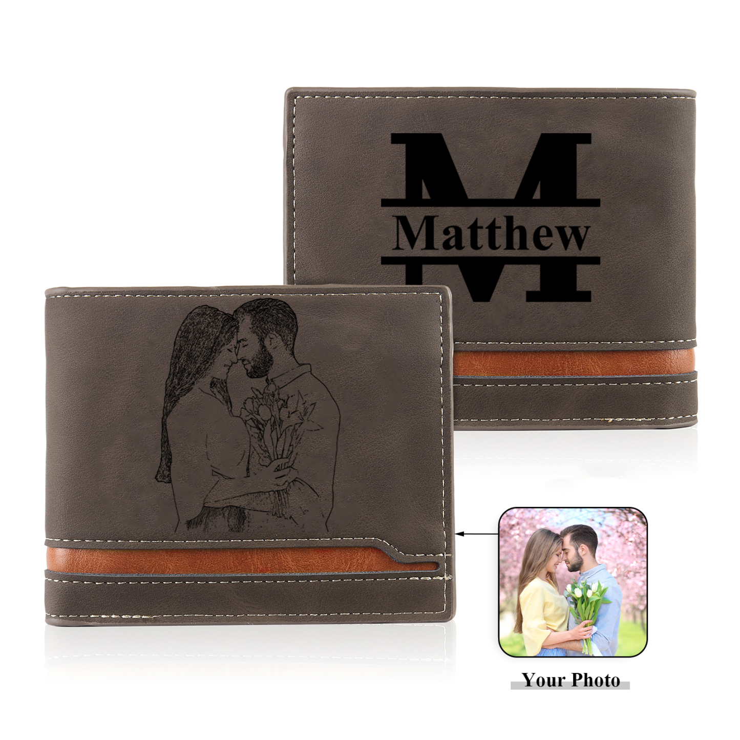 Personalised Gift Set for Him Custom Wallet Stainless Steel Photo Keychain Pen Elegant Gift Box