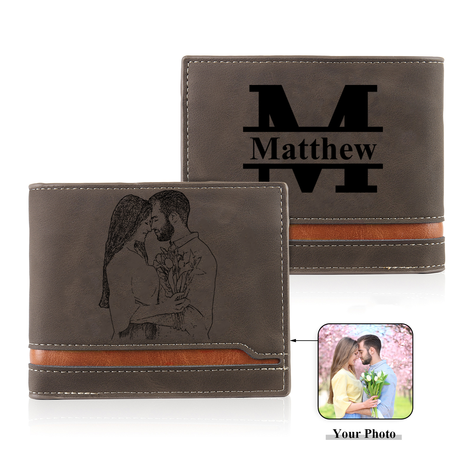 Personalised Gift Set for Him Custom Wallet Stainless Steel Photo Keychain Pen Elegant Gift Box