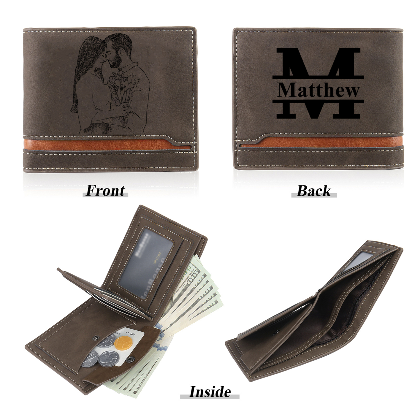 Personalised Gift Set for Him Custom Wallet Stainless Steel Photo Keychain Pen Elegant Gift Box