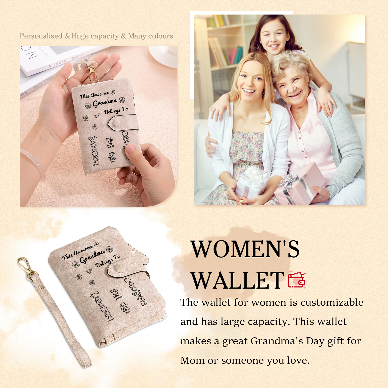 Personalised Women Wallet Custom 1–6 Names & Pattern Leather Wallet Pink Gift for Her "This Awesome Grandma Nan Belongs To"-Jessemade AU