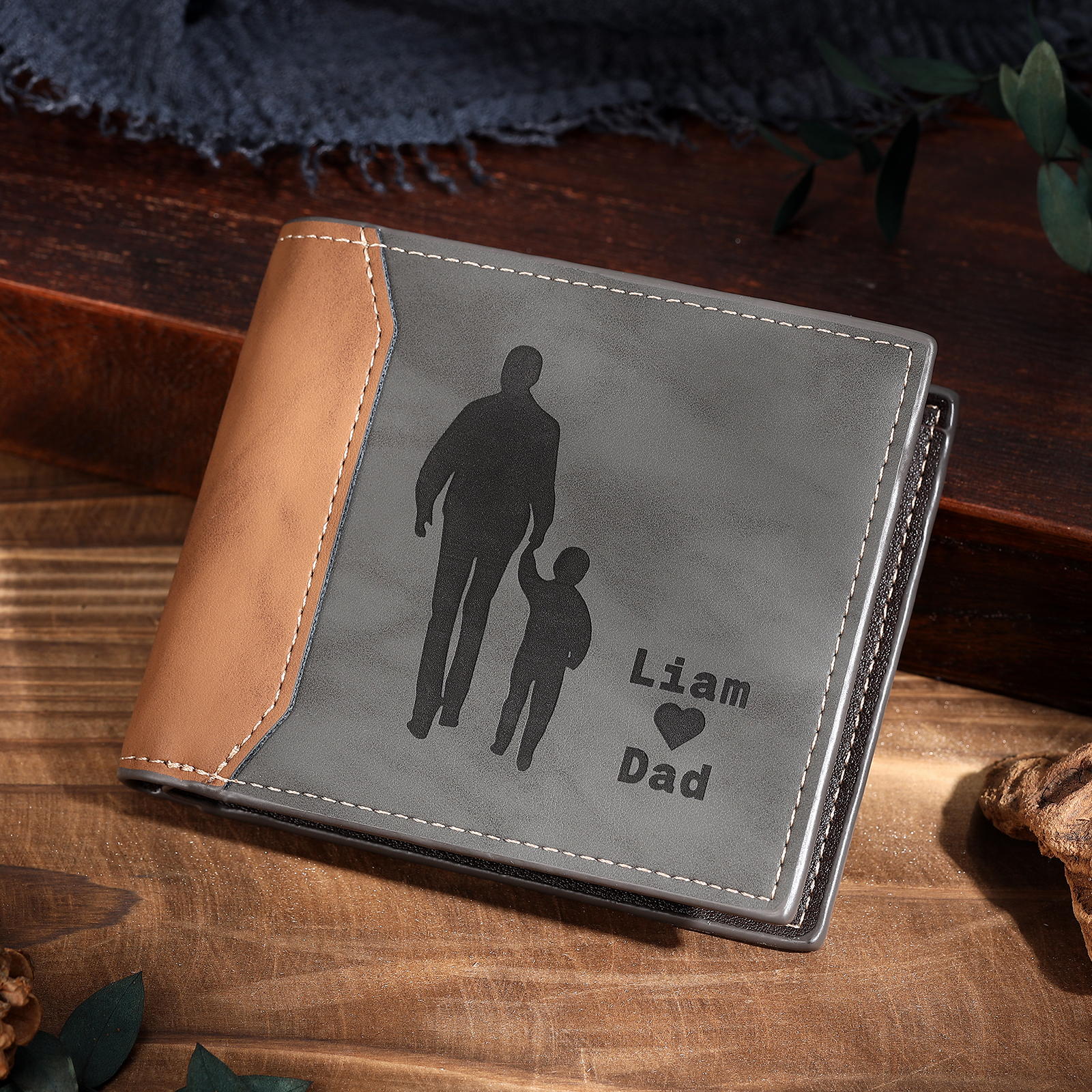2 Names & 1 Text Personalised PU Leather Wallet for Dad – Custom Name Family Gift with Silhouette Design | Jessemade