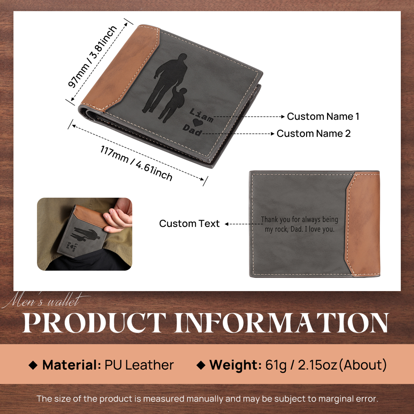 2 Names & 1 Text Personalised PU Leather Wallet for Dad – Custom Name Family Gift with Silhouette Design | Jessemade