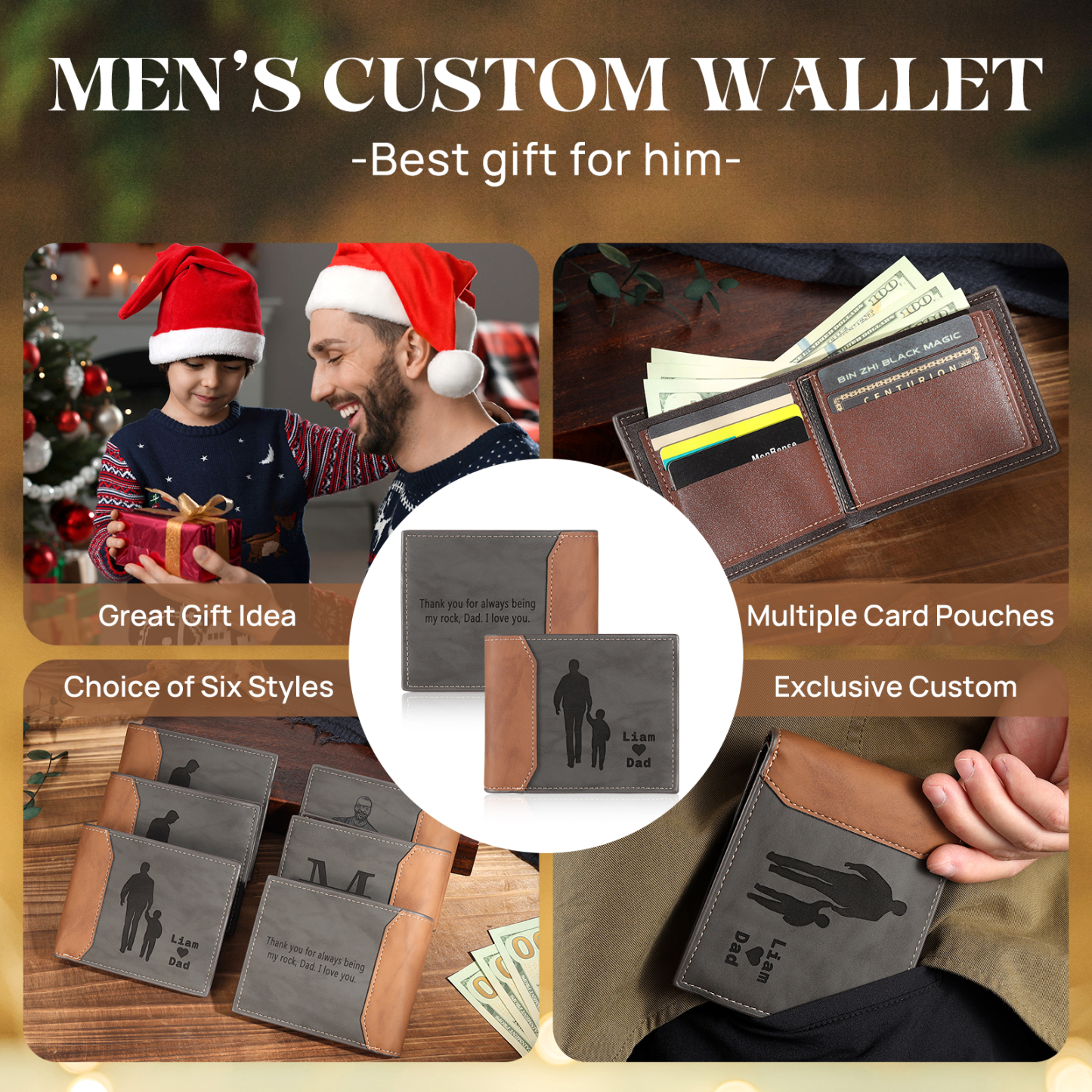 2 Names & 1 Text Personalised PU Leather Wallet for Dad – Custom Name Family Gift with Silhouette Design | Jessemade