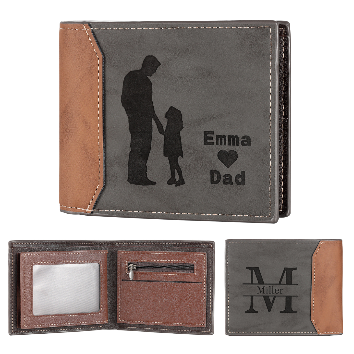 3 Names & 1 Letter Personalised PU Leather Wallet for Dad – Custom Name Family Gift with Silhouette Design | Jessemade
