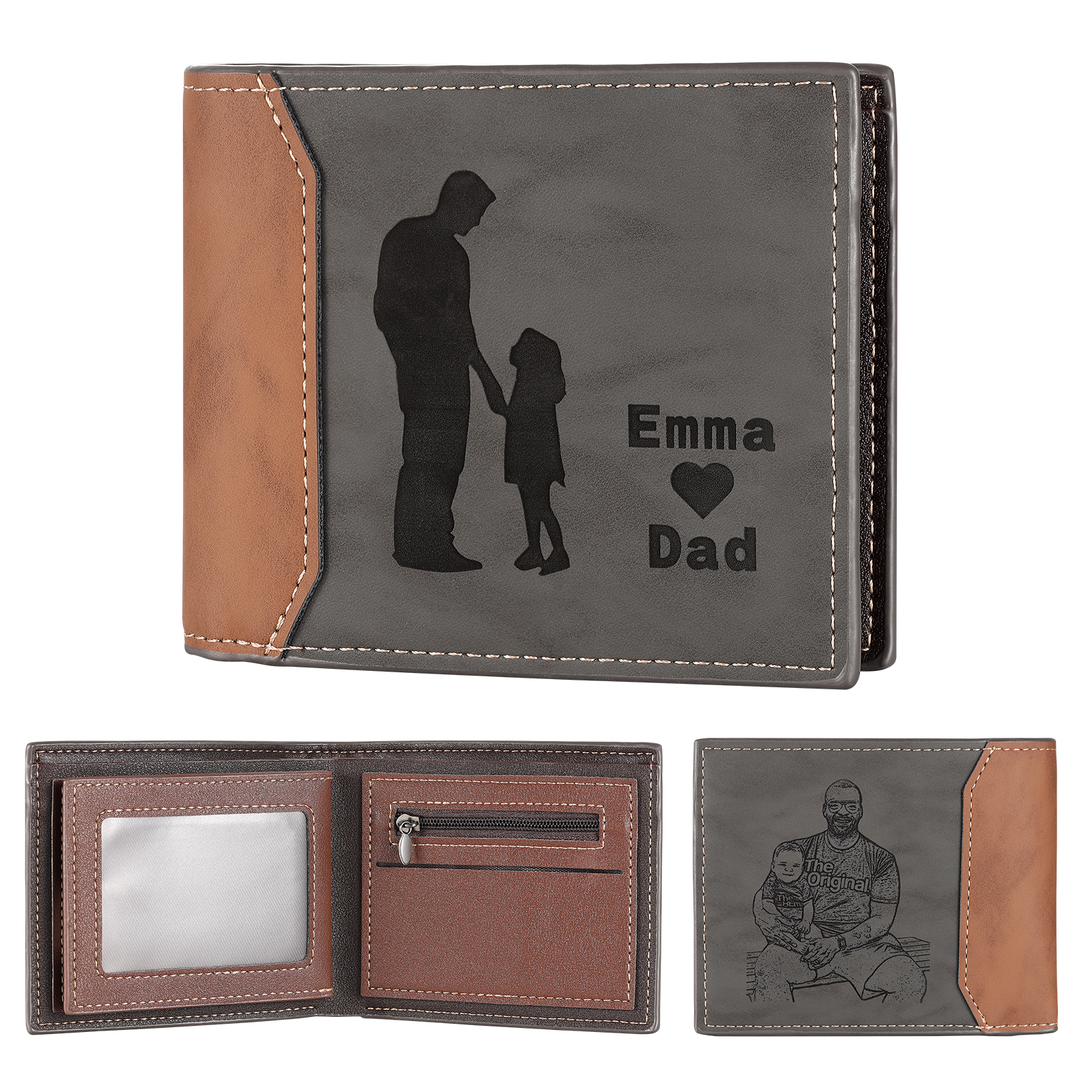 2 Names & 1 Photo Personalised PU Leather Wallet for Dad – Custom Name Family Gift with Silhouette Design | Jessemade