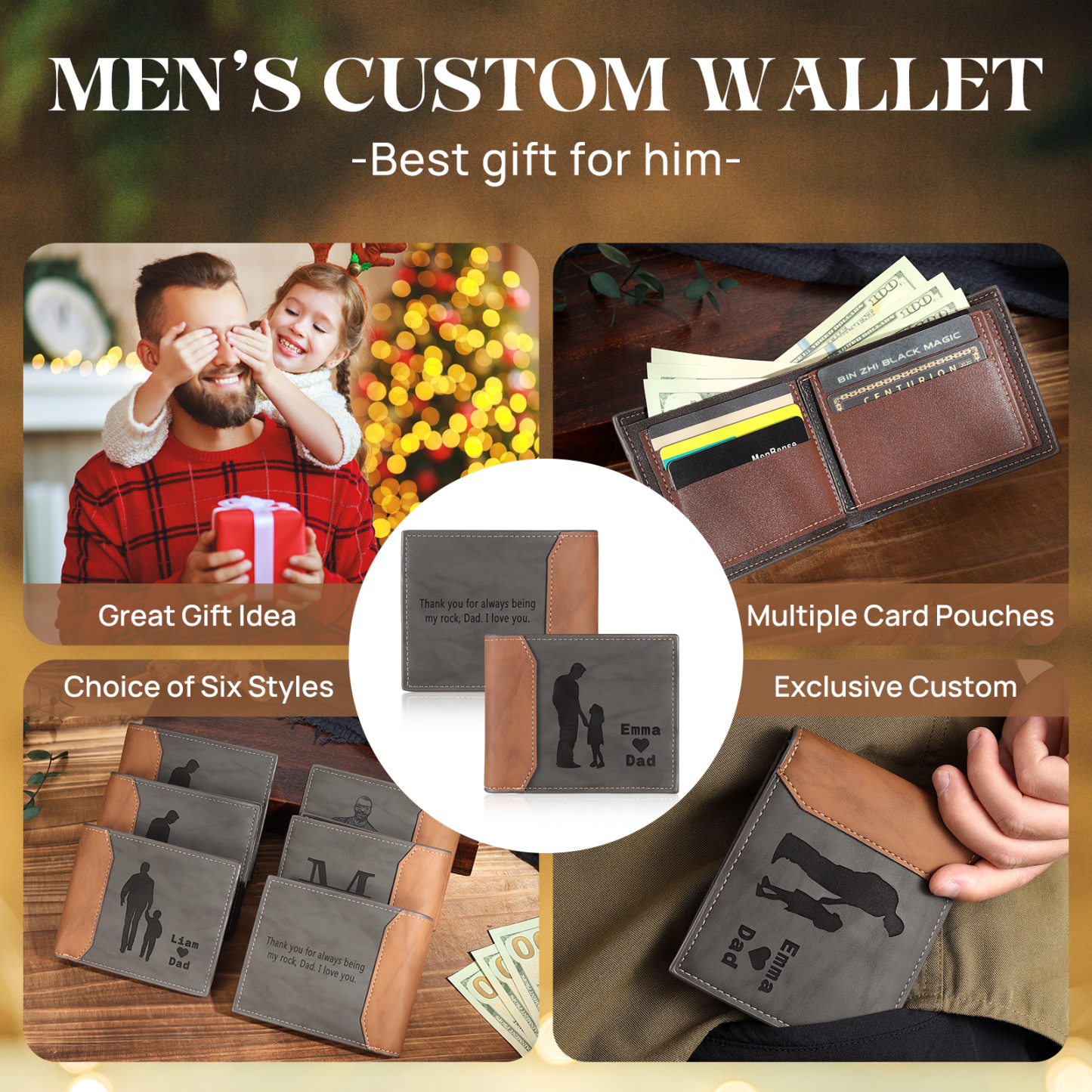 2 Names & 1 Text Personalised PU Leather Wallet for Dad – Custom Name Family Gift with Silhouette Design | Jessemade