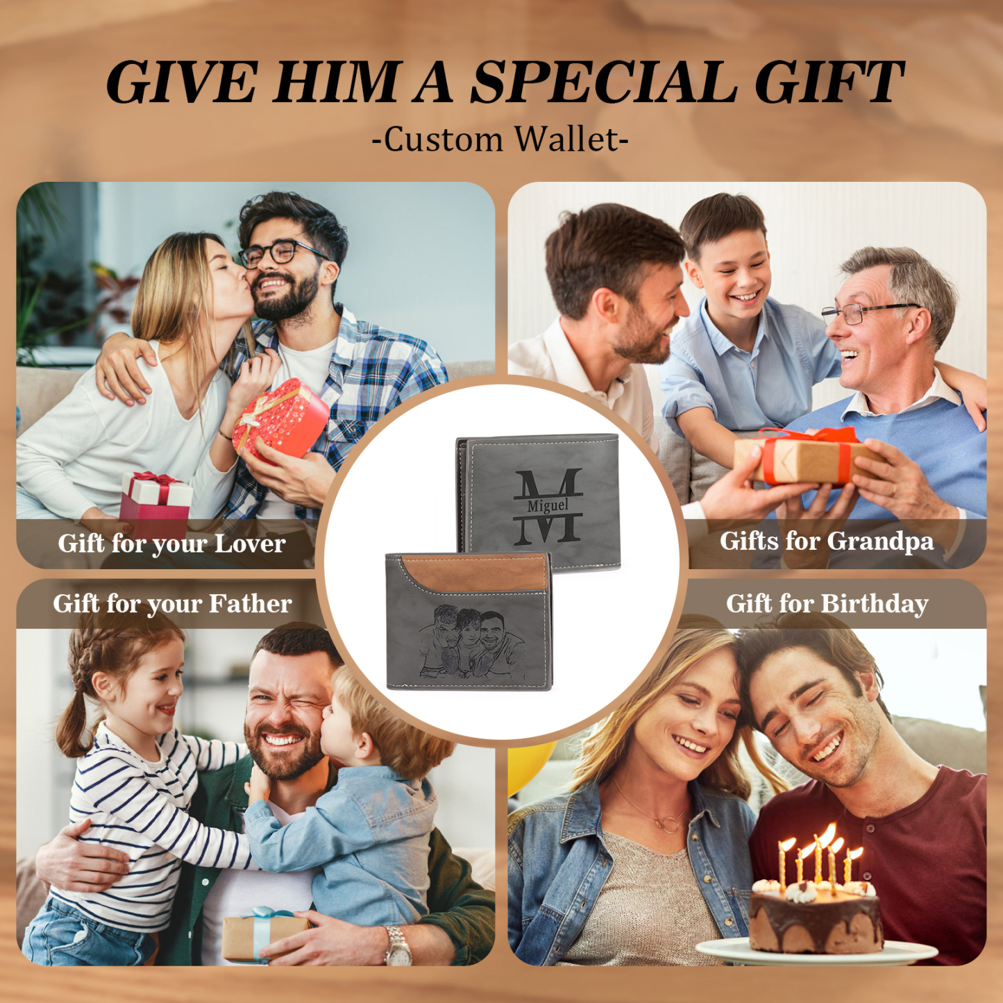 Men Photo Wallet Personalised Letter & Name Wallet Gray Gift for Him-Jessemade AU