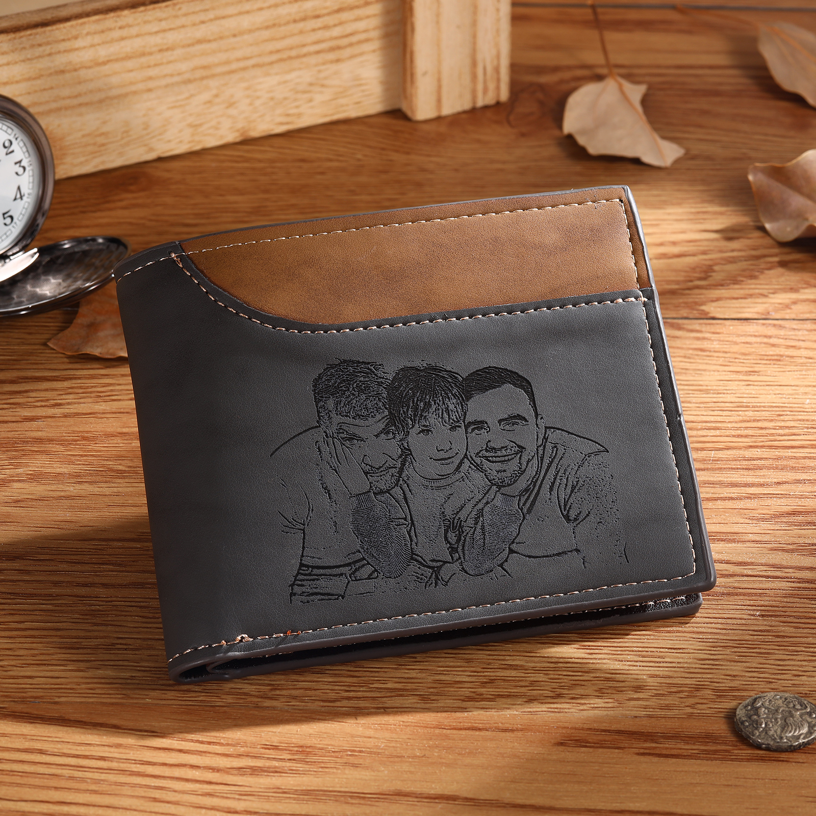 Men Photo Wallet Personalised Letter & Name Wallet Gray Gift for Him