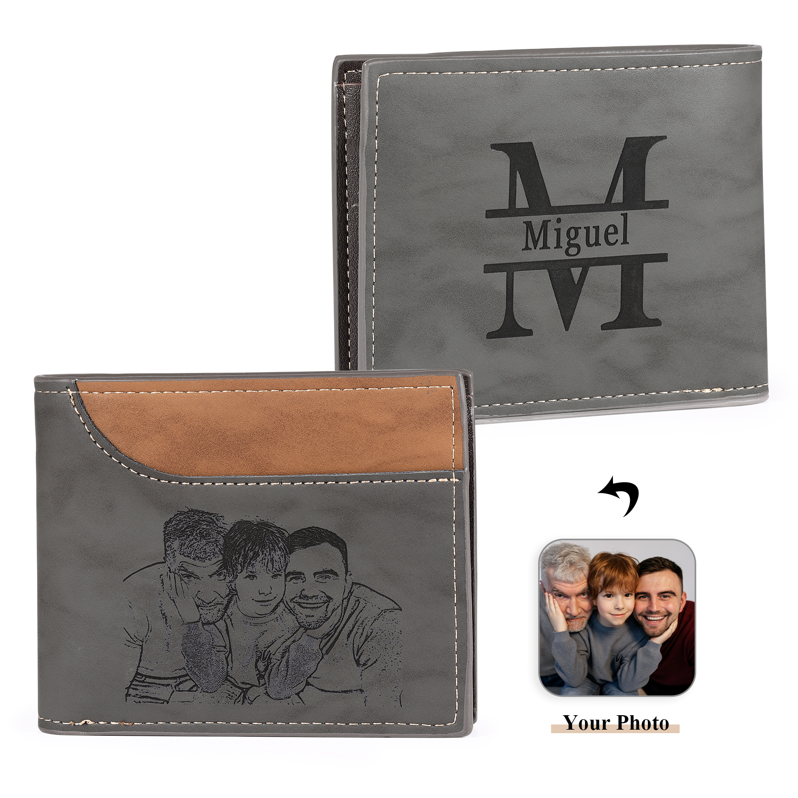 Men Photo Wallet Personalised Letter & Name Wallet Gray Gift for Him