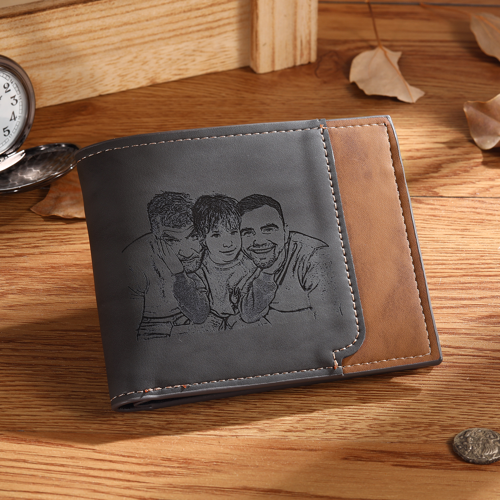 Men Photo Wallet Personalised Letter & Name Wallet Gray Christmas Gift for Him