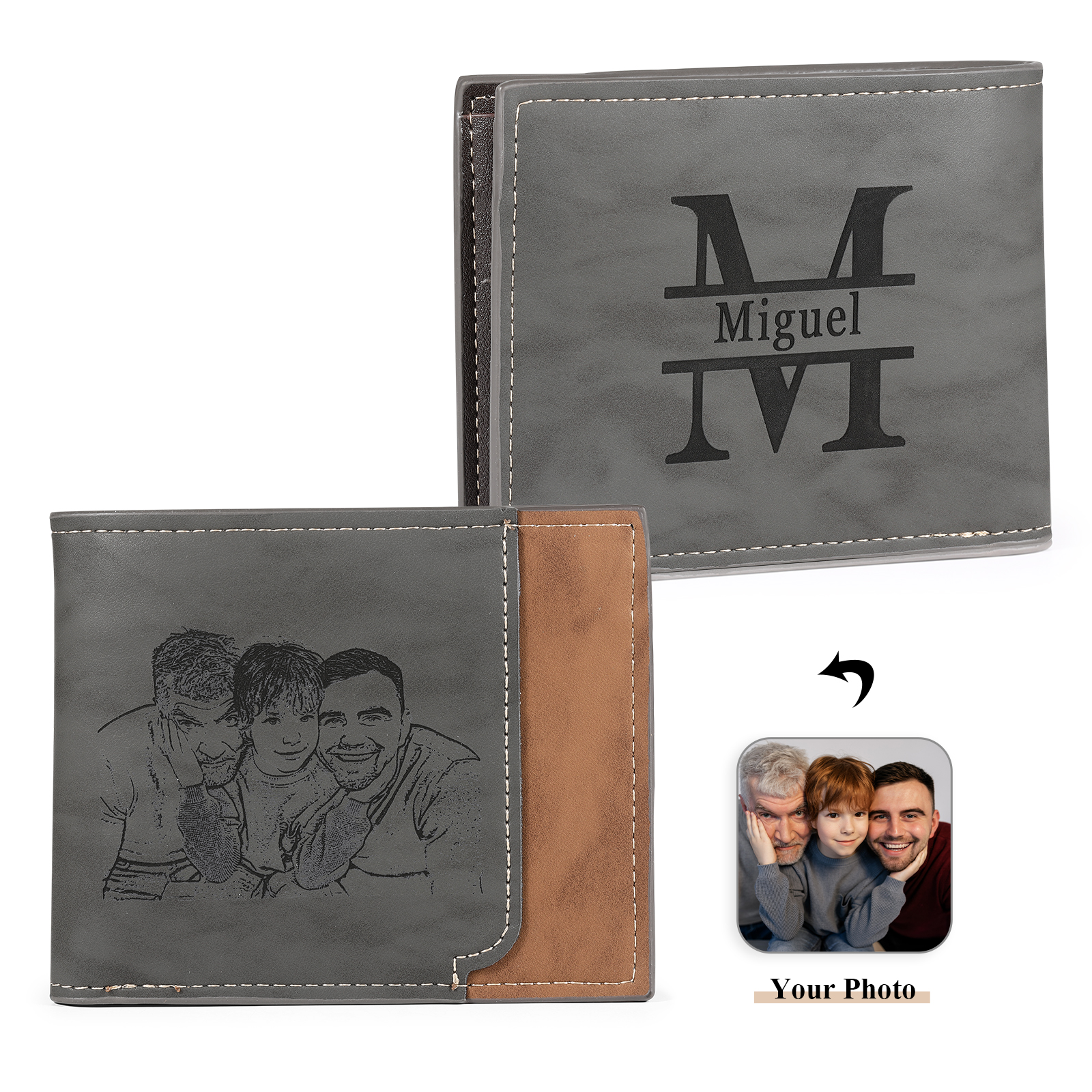 Men Photo Wallet Personalised Letter & Name Wallet Gray Christmas Gift for Him