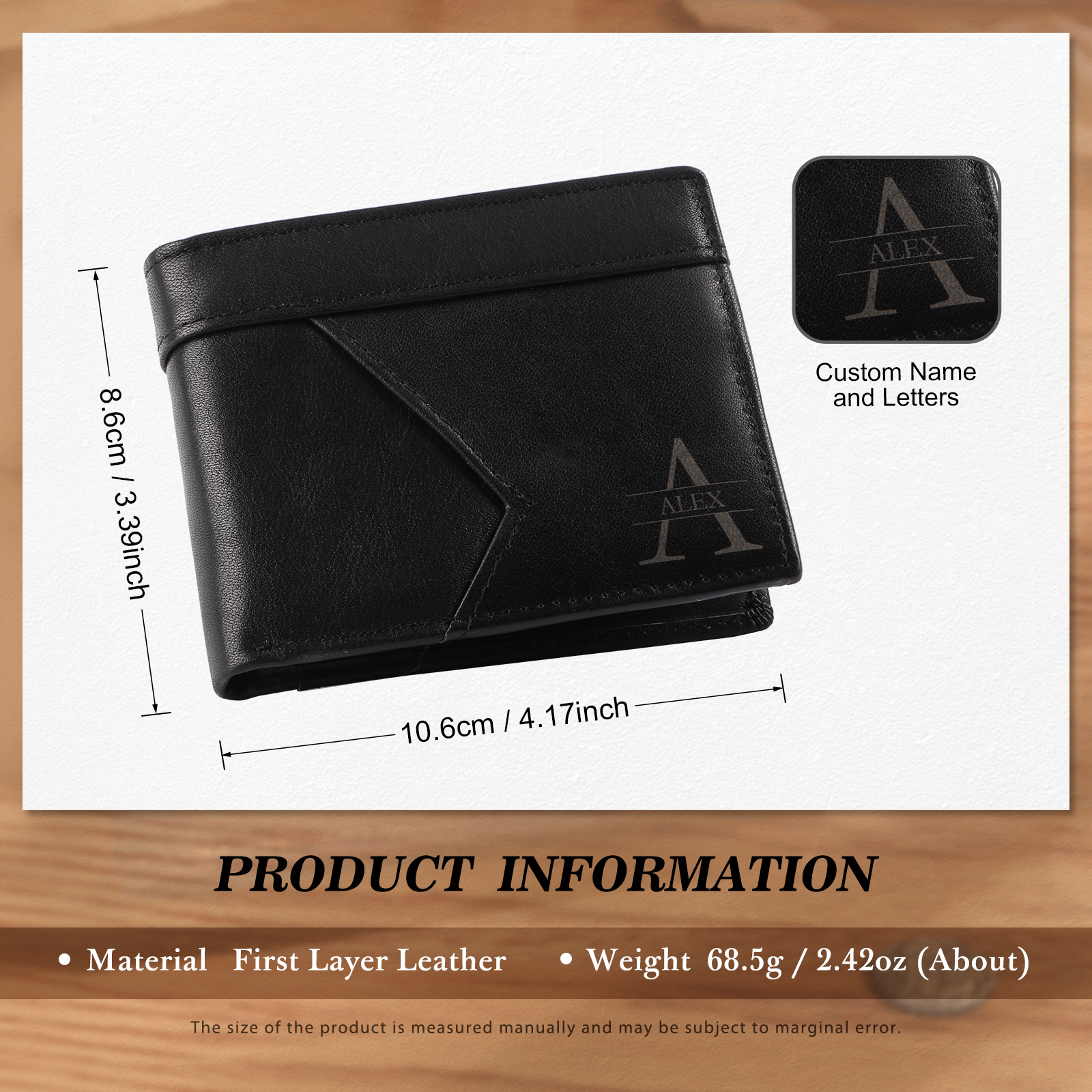 Personalised Leather Wallet Custom Name and Letter Gift for Him