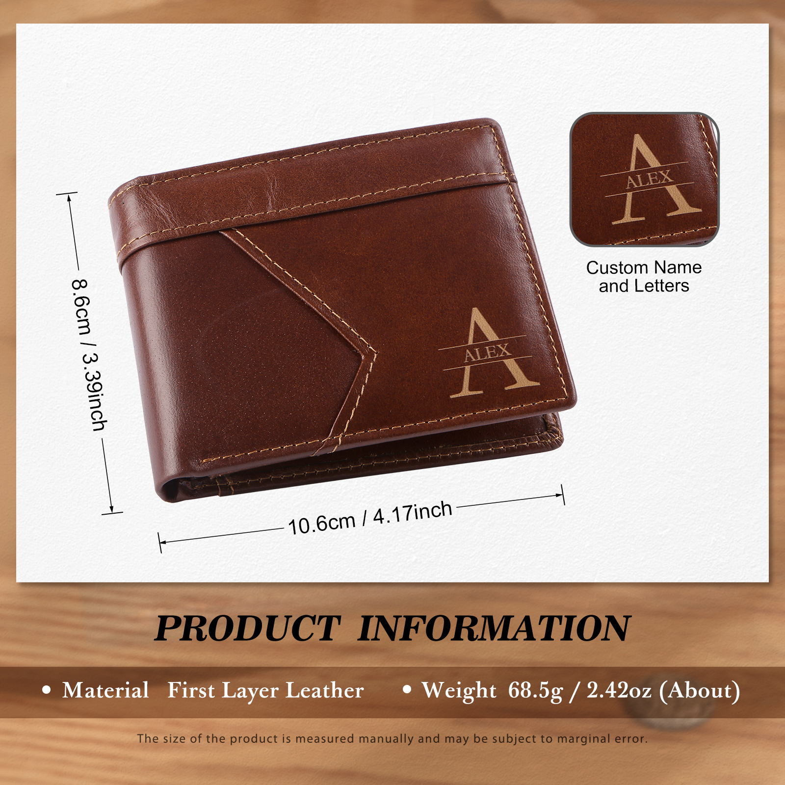 Personalised Leather Wallet Custom Name and Letter Gift for Him