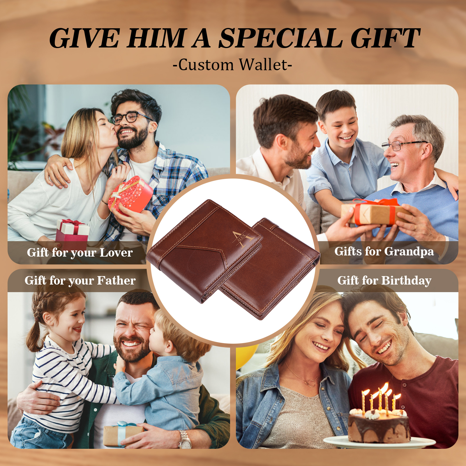 Personalised Leather Wallet Custom Name and Letter Gift for Him