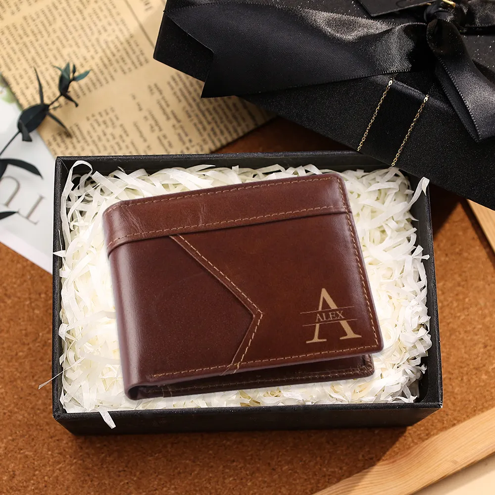 Personalised Leather Wallet Custom Name and Letter Gift for Him