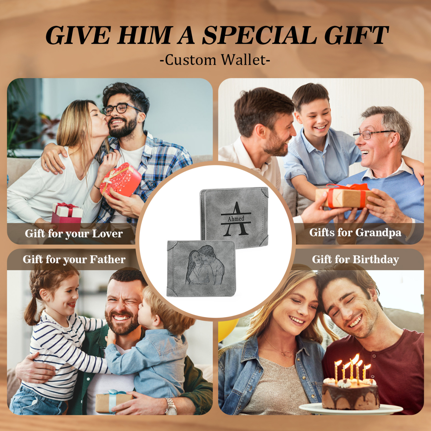 Personalised Men Leather Wallet Custom with Photo Name Letter Folding Wallet Gift for Him-Jessemade AU