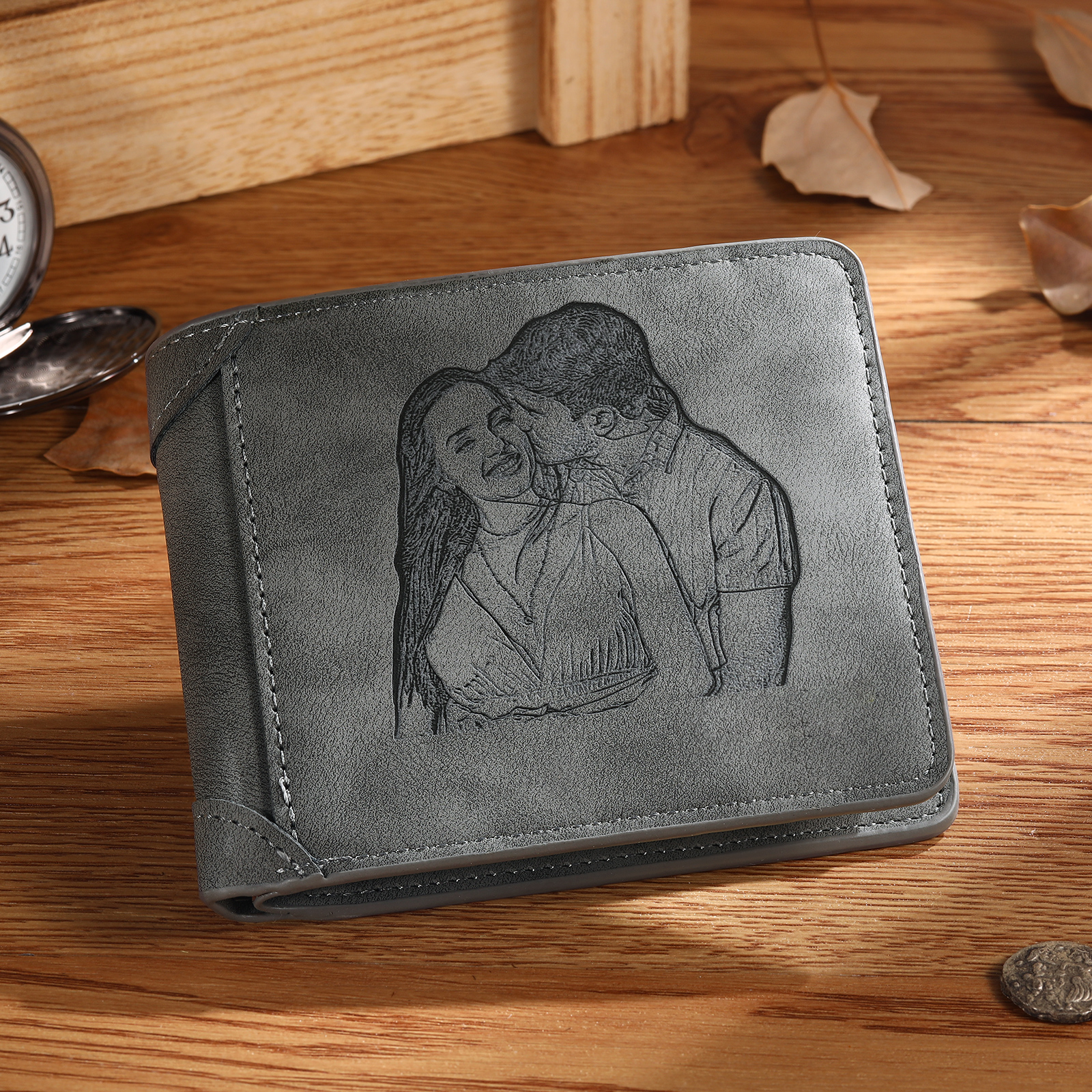 Personalised Men Leather Wallet Custom with Photo & Name & Letter Folding Wallet Gift for Him