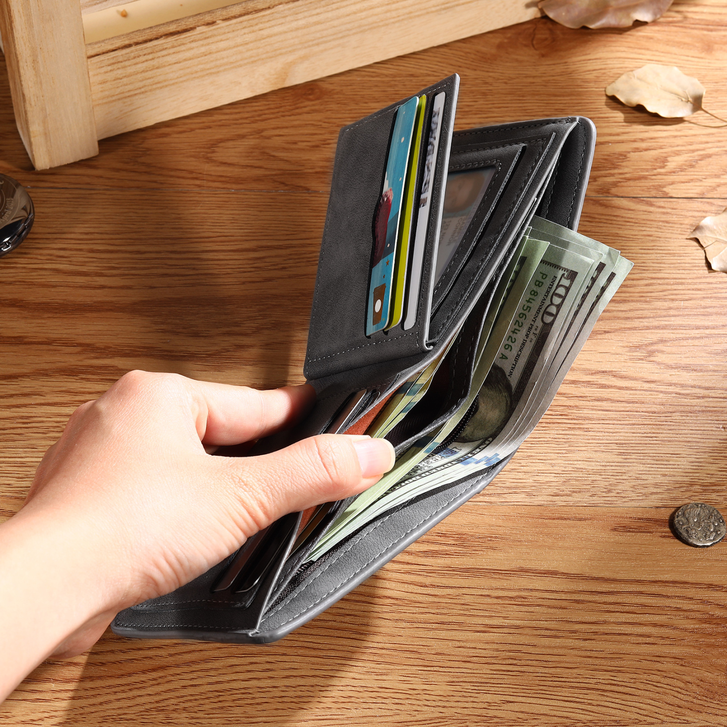 Personalised Men Leather Wallet Custom with Photo Name Letter Folding Wallet Gift for Him-Jessemade AU