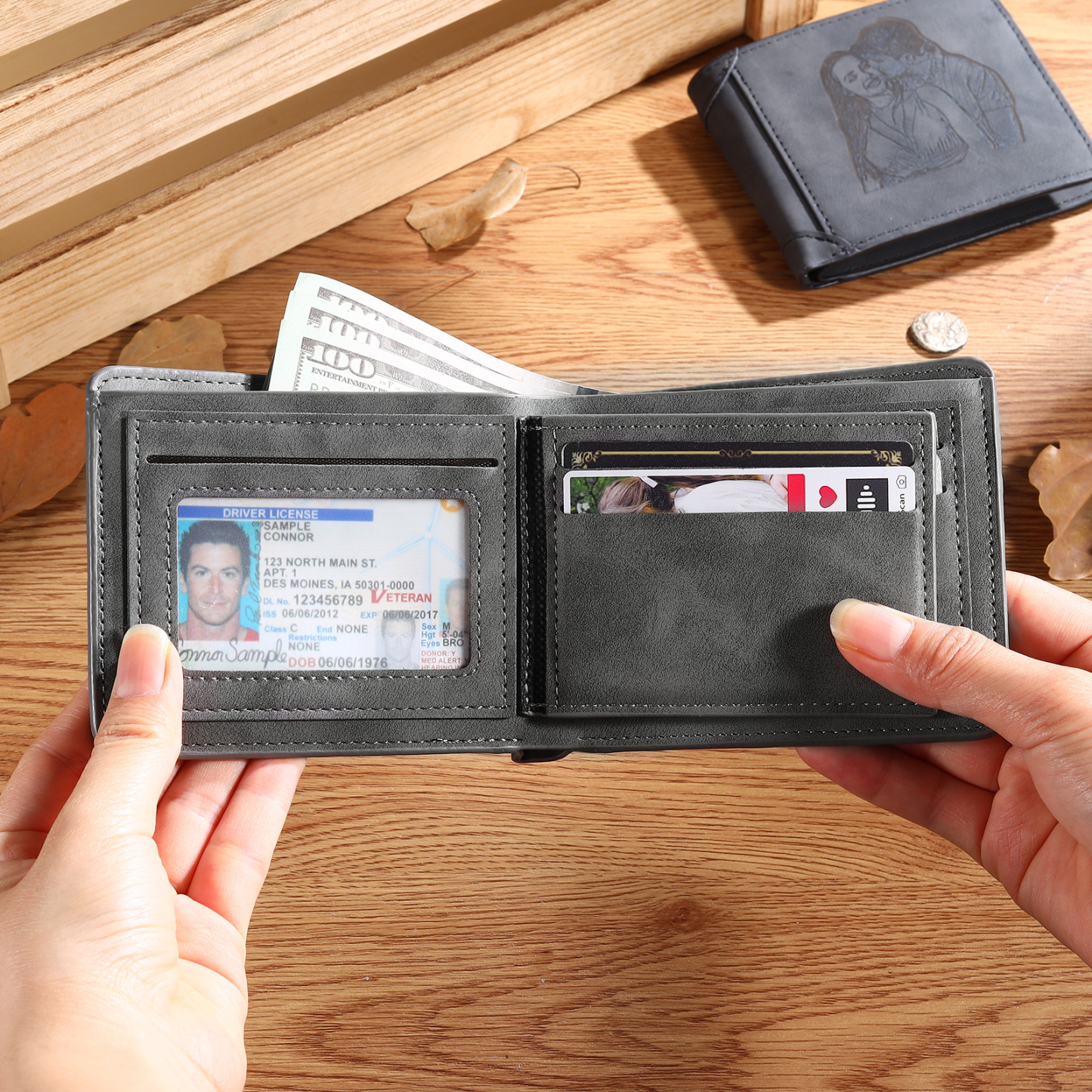 Personalised Men Leather Wallet Custom with Photo Name Letter Folding Wallet Gift for Him-Jessemade AU