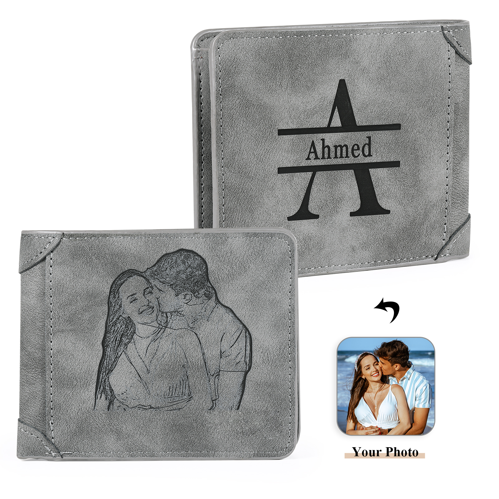 Personalised Men Leather Wallet Custom with Photo & Name & Letter Folding Wallet Gift for Him